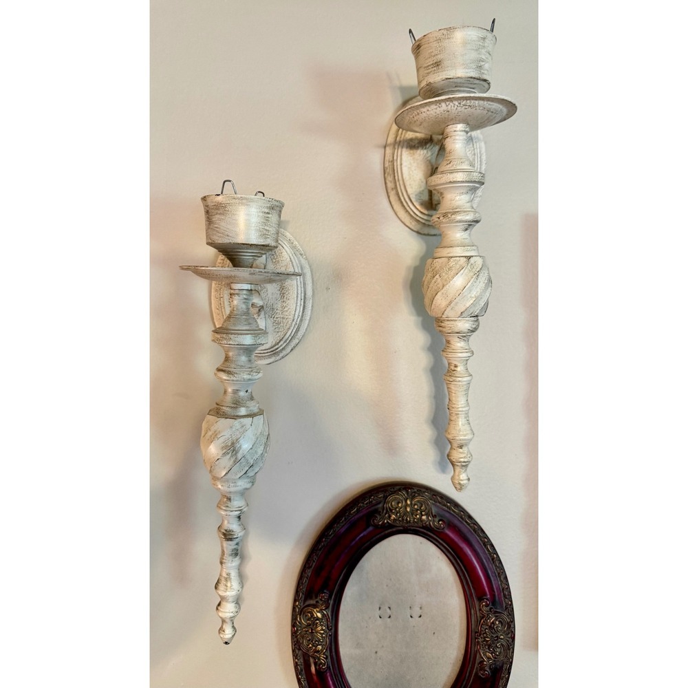 Vintage White & Gold Brush Metal Wall Sconce Candle Holders Set 2 Shabby Chic